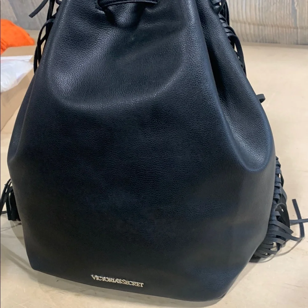 Victoria's Secret Black Leather‎ Style Backpack with Fringe Detailing 5231